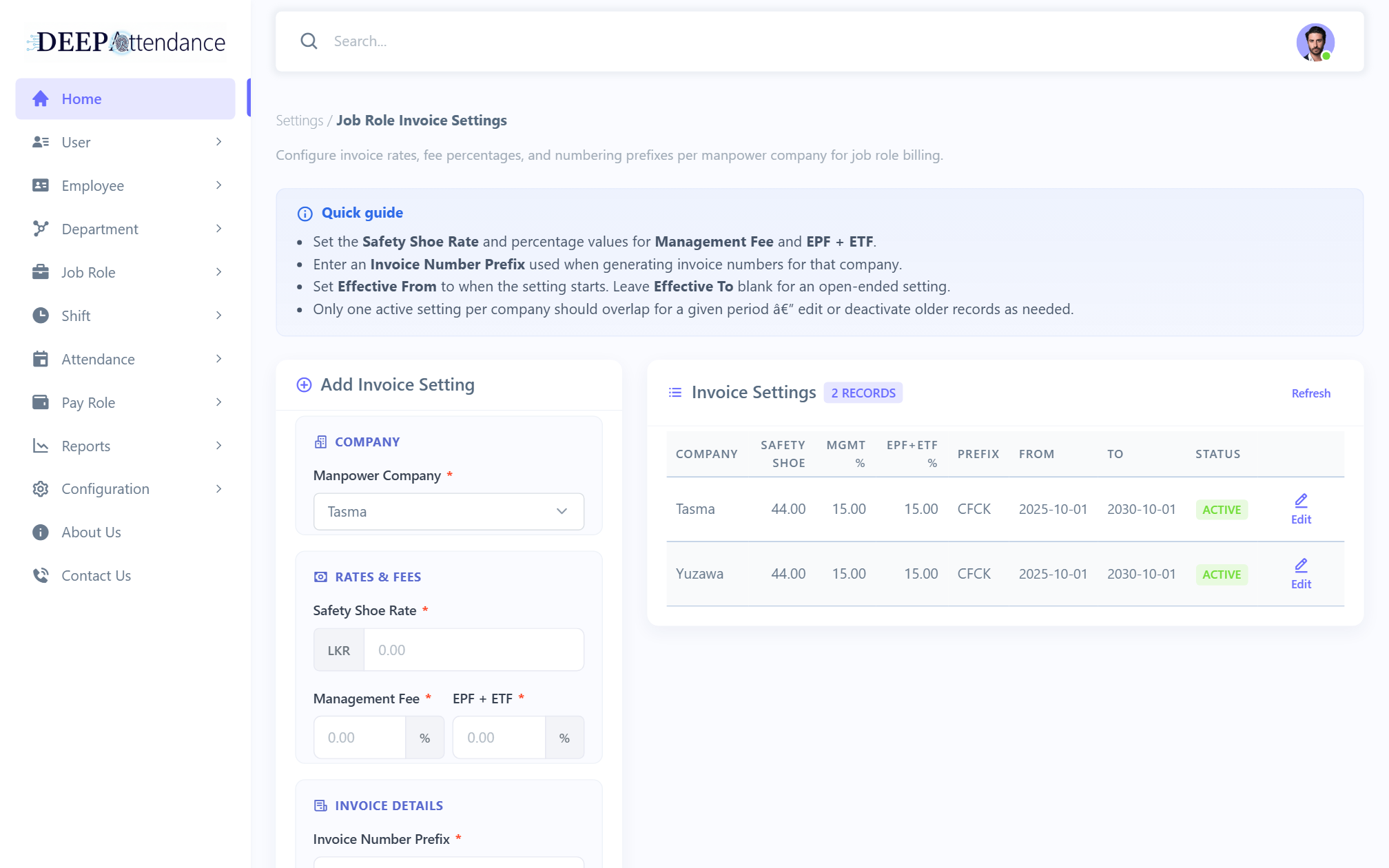 Invoice settings
